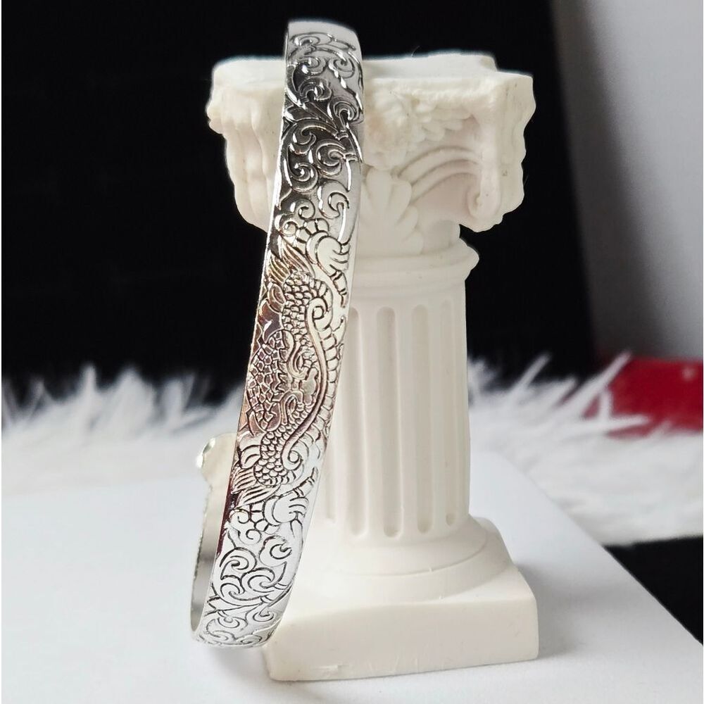Dragon Mask Engraved Silver Stainless Steel Open Bangle Bracelet Adjustable Cuff